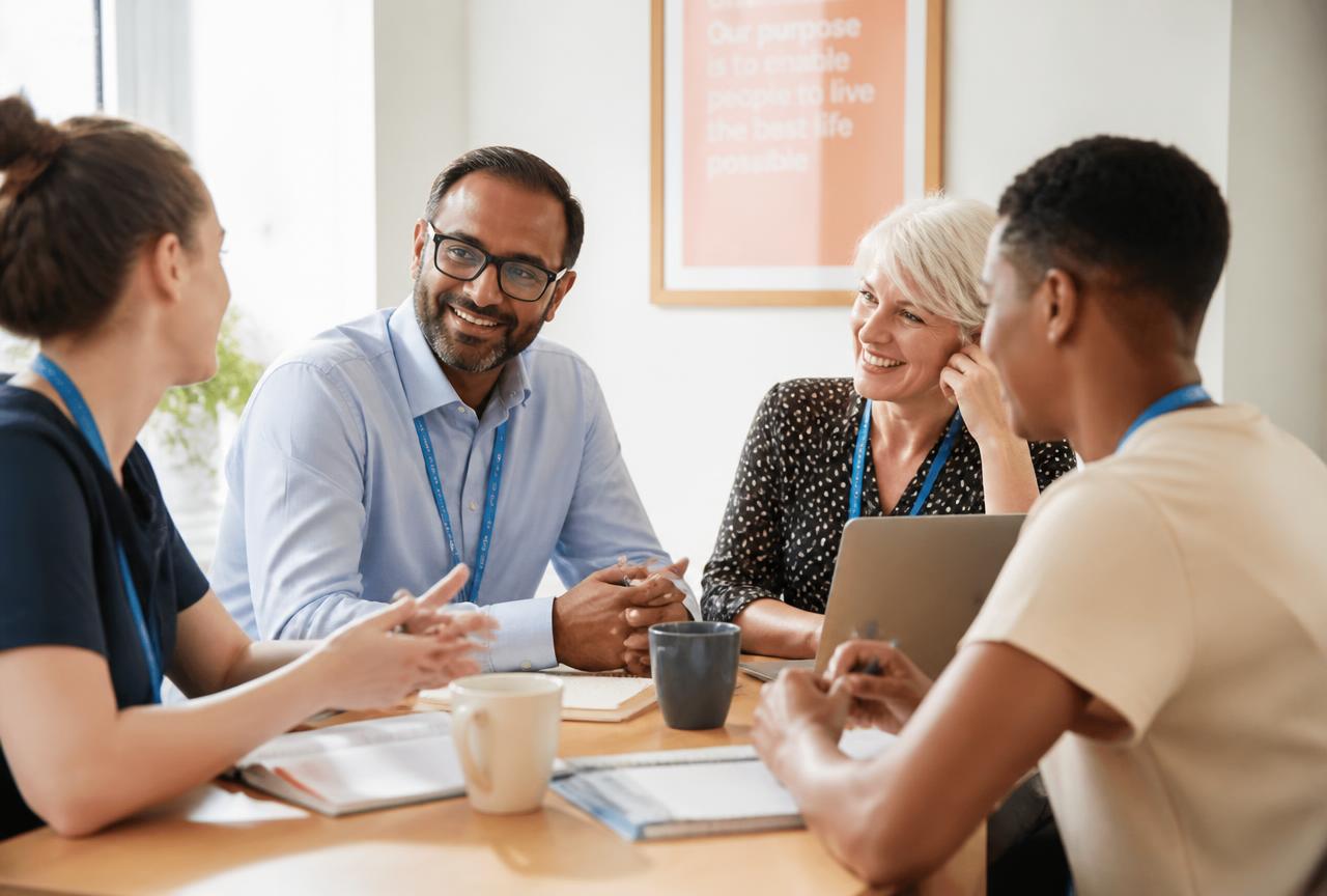 Celestial Care practitioners in a team meeting discussing a young person's care plan