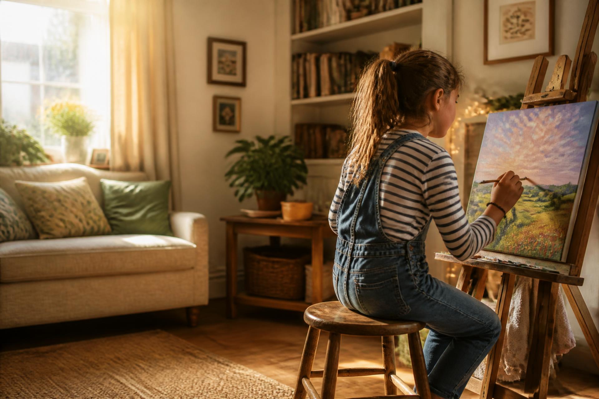 A young person painting at an easel in the warm, homely living room of a Celestial Care children's home